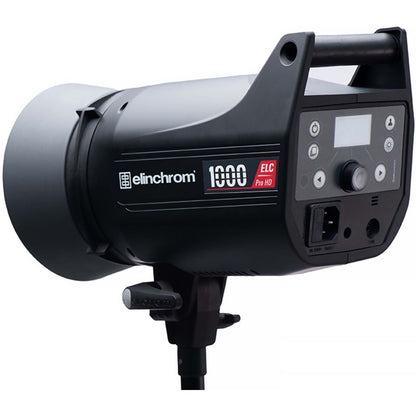 Flash studio Elinchrom ELC Pro HD 1000 de trois quarts arrière sur pied, écran, molette et prise secteur