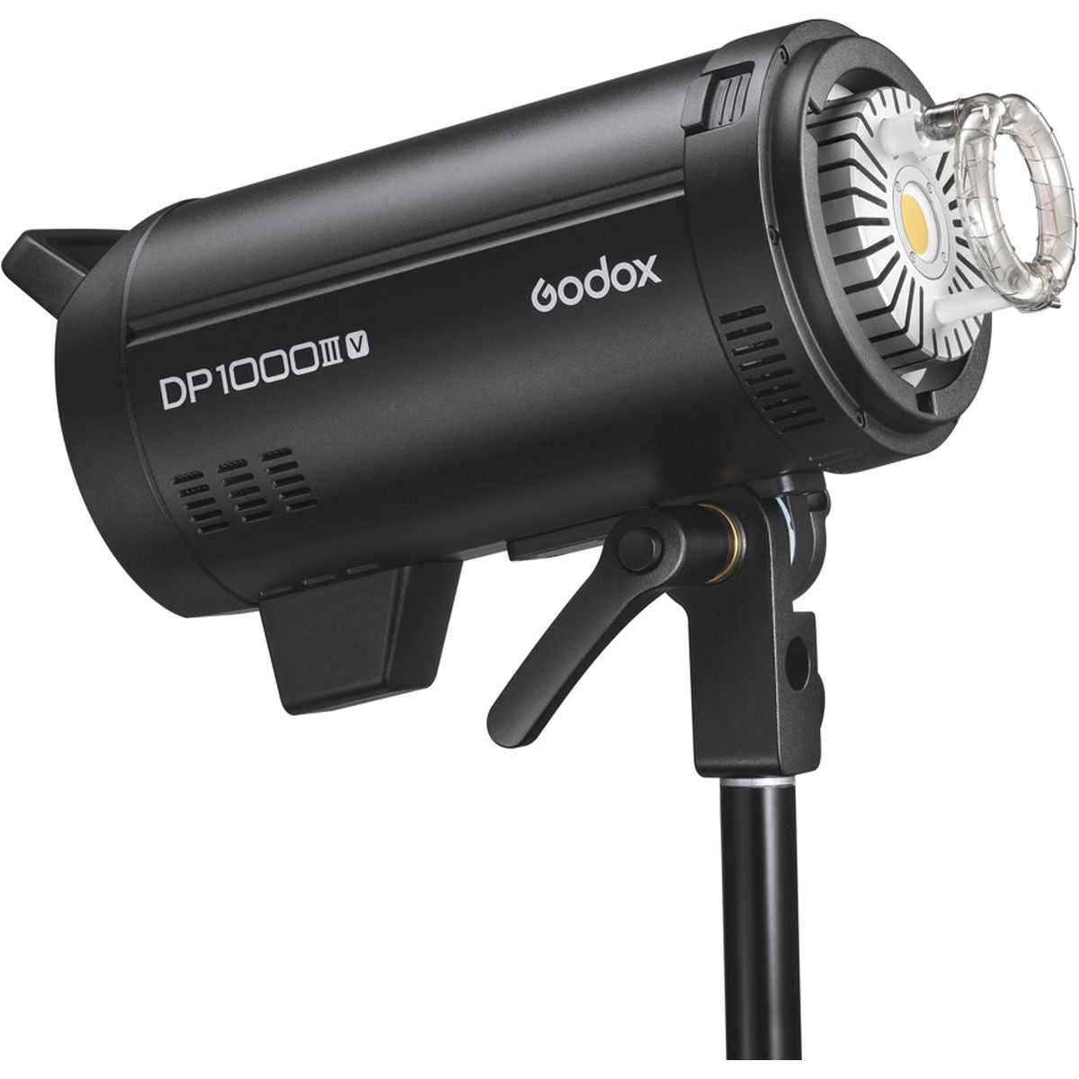 Flash studio Godox DP1000III-V de trois quarts avant sur un pied, tube éclair et lampe pilote LED à nu