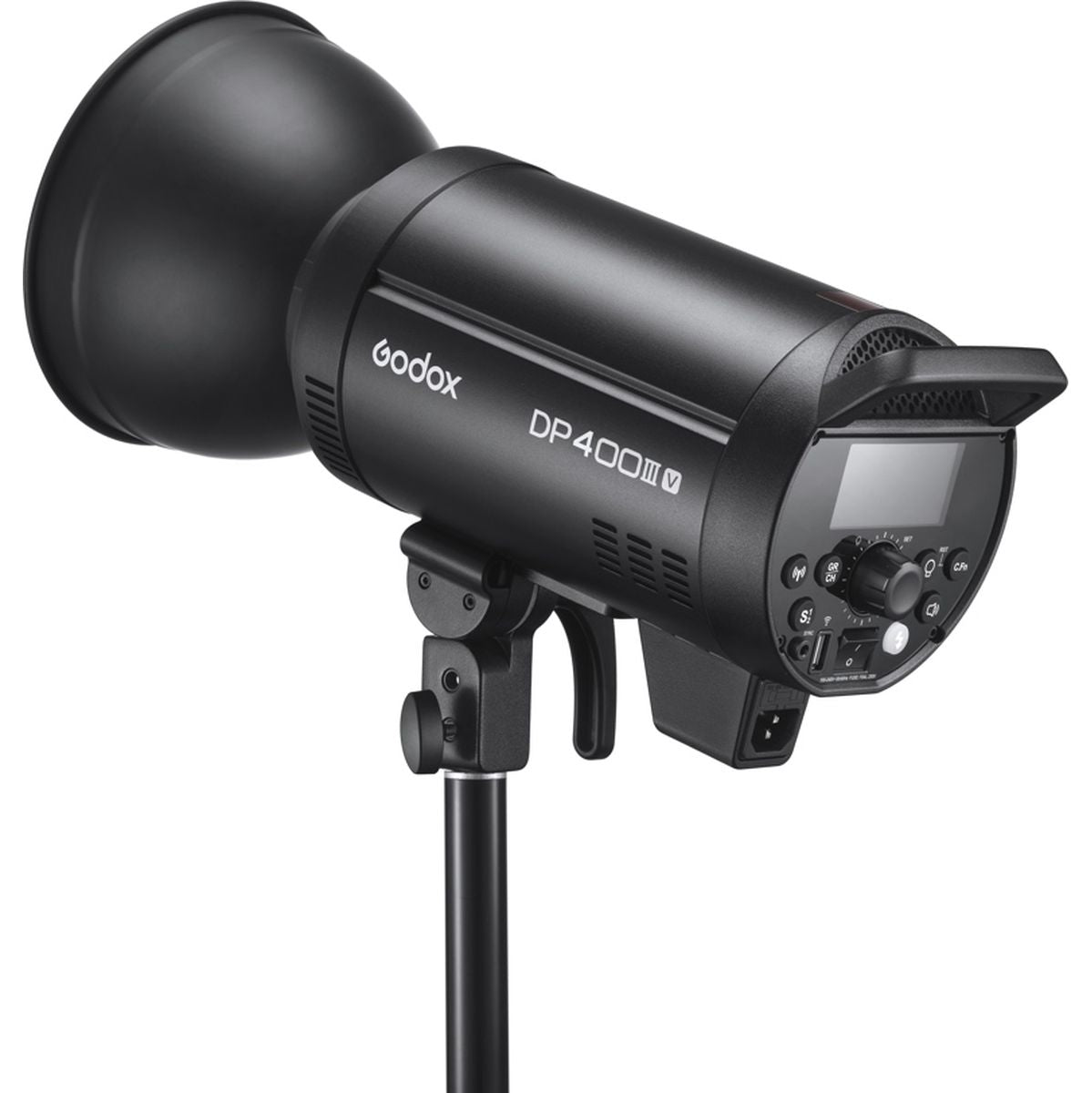 Flash studio Godox DP400III-V de trois quarts arrière avec réflecteur standard monté, sur un pied