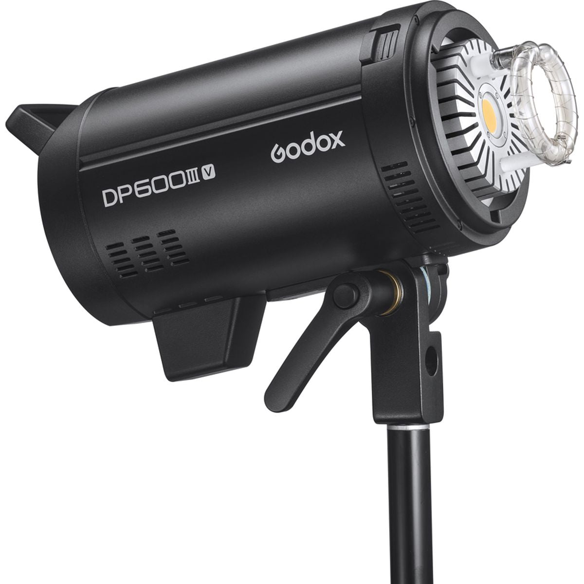 Flash studio Godox DP600III-V de trois quarts avant sur un pied, tube éclair et lampe pilote LED à nu