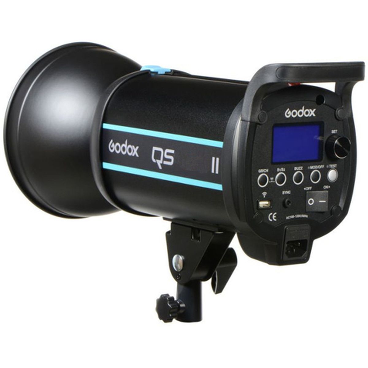 Flash studio Godox QS400II, visuel de la série QS II de trois quarts arrière avec réflecteur et écran LCD