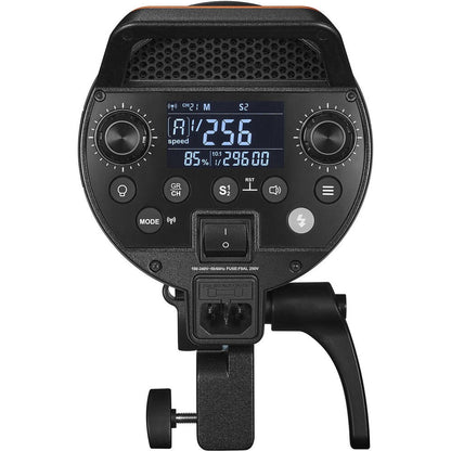 Panneau de commande arrière du flash studio Godox QT400IIIM avec écran LCD, boutons et prise secteur