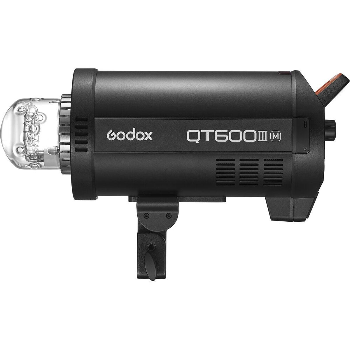 Flash studio Godox QT600IIIM de profil, dôme en verre à gauche et poignée à droite
