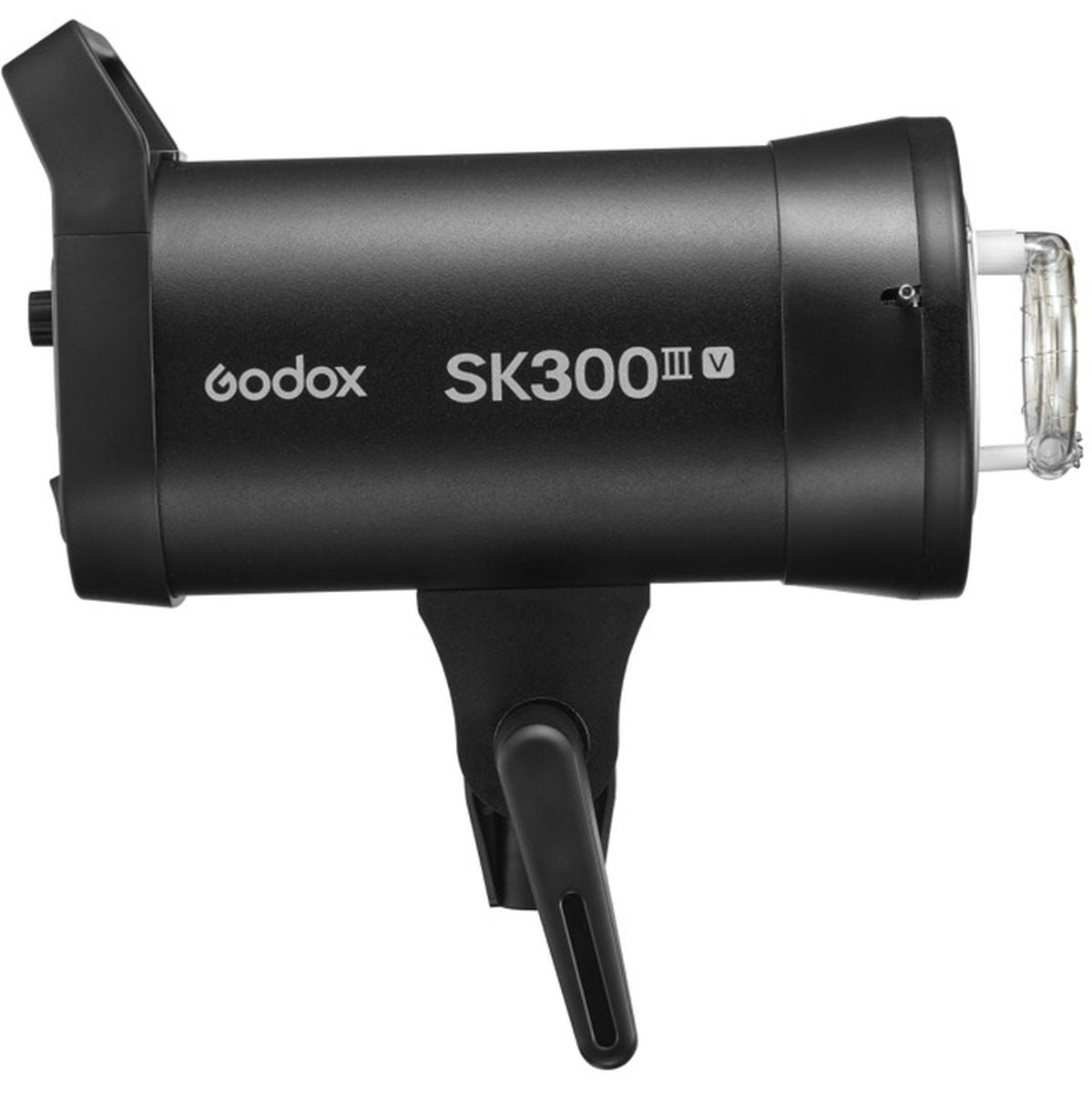 Flash studio Godox SK300III-V de profil, tube éclair à droite et poignée à gauche