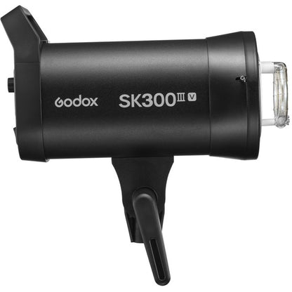 Flash studio Godox SK300III-V de profil, tube éclair à droite et poignée à gauche