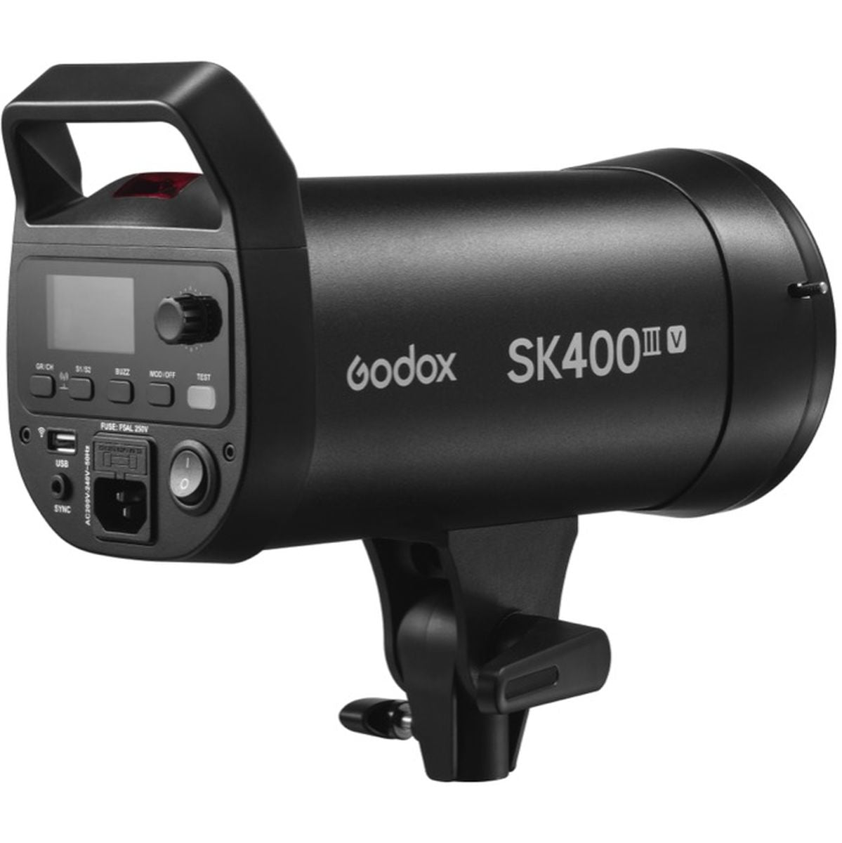Flash studio Godox SK400III-V de trois quarts arrière avec écran LCD, boutons et prise secteur