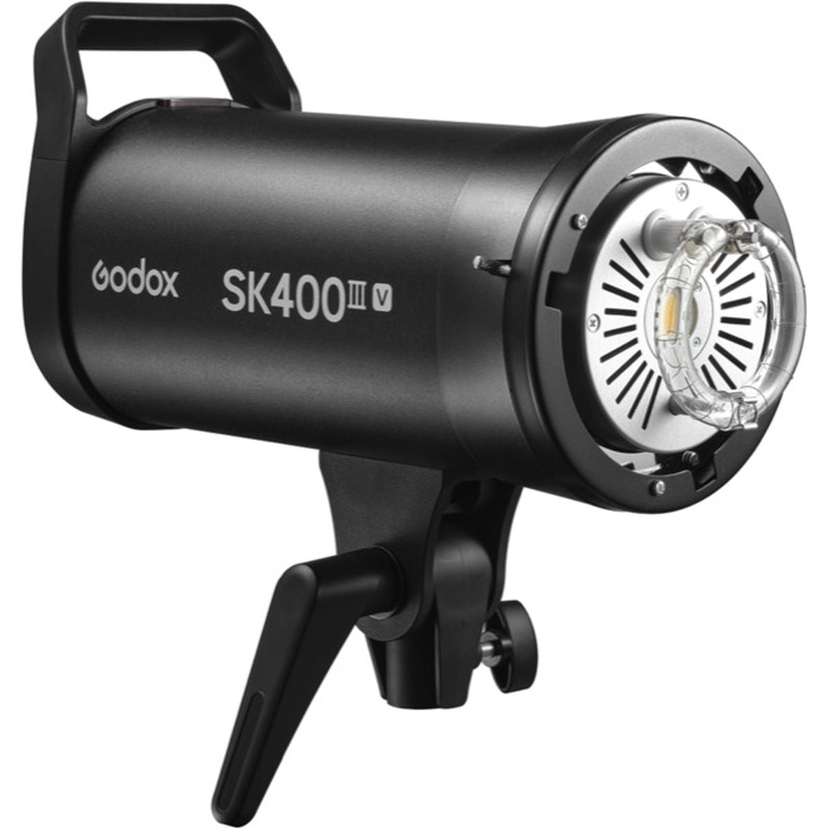 Flash studio Godox SK400III-V de trois quarts avant droite avec tube éclair et poignée de transport