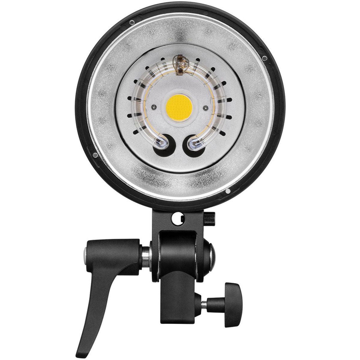 Vue de face du flash Westcott FJ400 SE montrant le tube et la lampe pilote LED