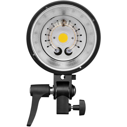 Vue de face du flash Westcott FJ400 SE montrant le tube et la lampe pilote LED