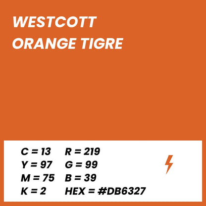 Toile de Fond Photo Anti-Froissage Westcott 2,7 x 6,1 m, coloris orange tigre, fiche couleur avec valeurs CMJN, RVB et HEX 