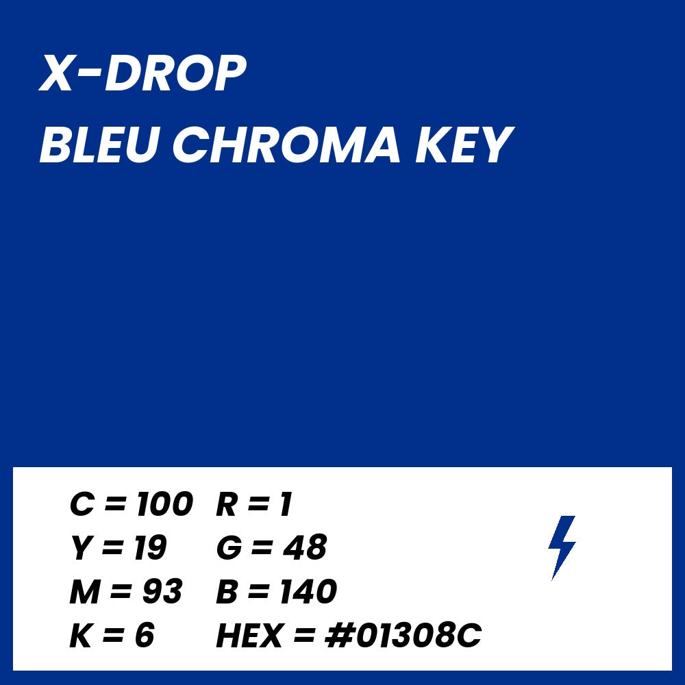 Fond Photo Anti-Froissage Westcott X-Drop 1,5 x 2,1 m, coloris bleu chroma key, fiche couleur avec valeurs CMJN, RVB et HEX 