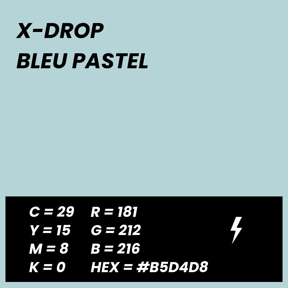 Fond Photo Anti-Froissage Westcott X-Drop 1,5 x 2,1 m, coloris bleu pastel, fiche couleur avec valeurs CMJN, RVB et HEX 