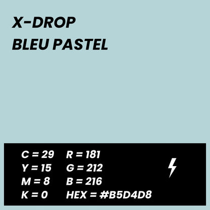 Fond Photo Anti-Froissage Westcott X-Drop 1,5 x 2,1 m, coloris bleu pastel, fiche couleur avec valeurs CMJN, RVB et HEX 