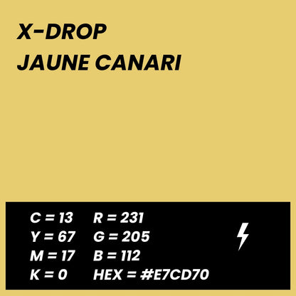 Fond Photo Anti-Froissage Westcott X-Drop 1,5 x 2,1 m, coloris jaune canari, fiche couleur avec valeurs CMJN, RVB et HEX 
