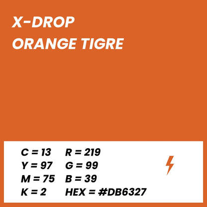 Fond Photo Anti-Froissage Westcott X-Drop 1,5 x 2,1 m, coloris orange tigre, fiche couleur avec valeurs CMJN, RVB et HEX 