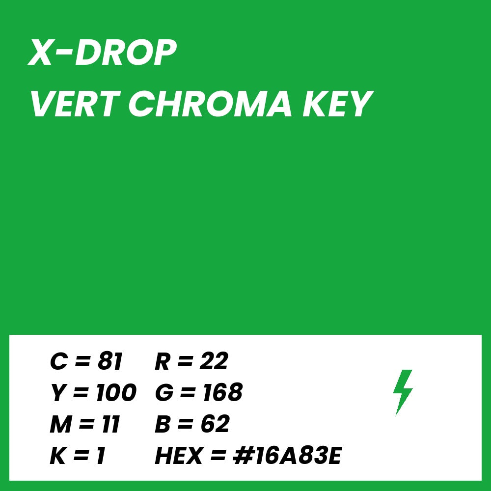 Fond Photo Anti-Froissage Westcott X-Drop 1,5 x 2,1 m, coloris vert chroma key, fiche couleur avec valeurs CMJN, RVB et HEX 
