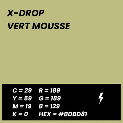 Fond Photo Anti-Froissage Westcott X-Drop 1,5 x 2,1 m, coloris vert mousse, fiche couleur avec valeurs CMJN, RVB et HEX 