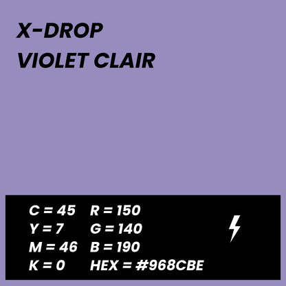 Fond Photo Anti-Froissage Westcott X-Drop 1,5 x 2,1 m, coloris violet clair, fiche couleur avec valeurs CMJN, RVB et HEX 