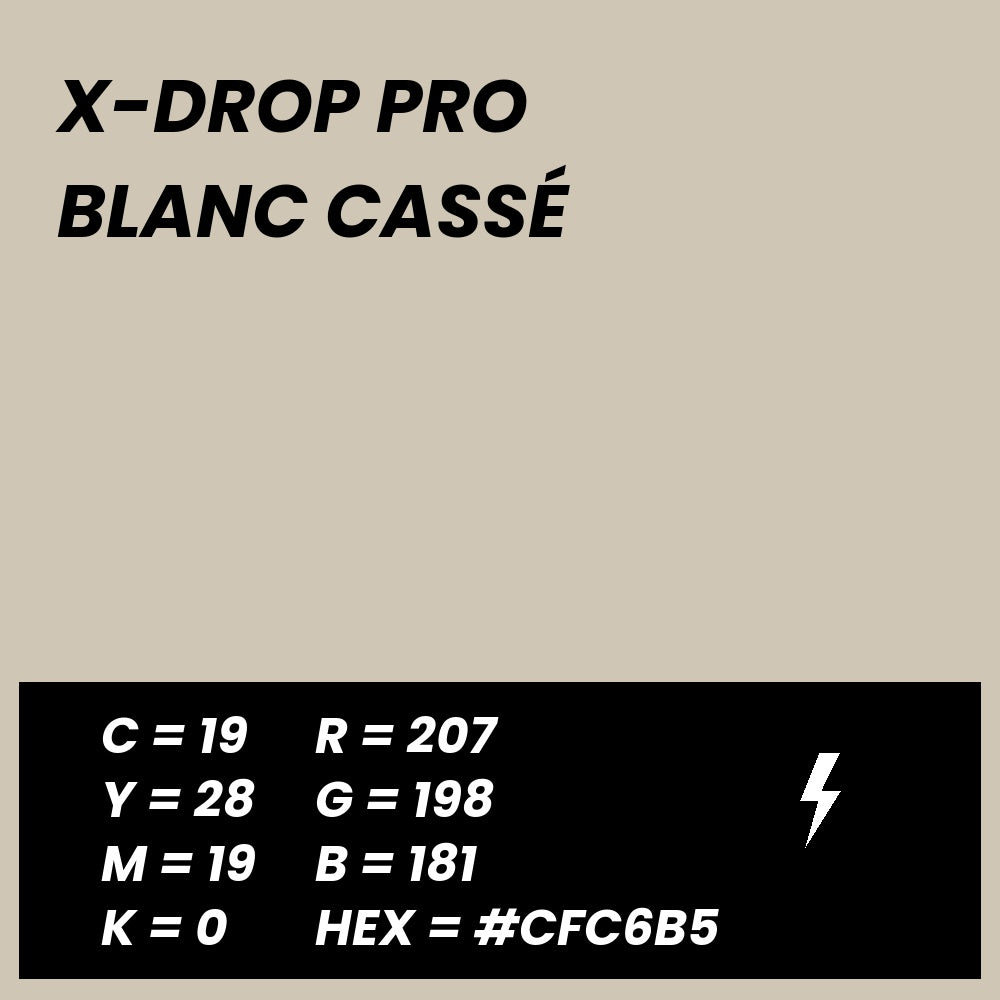 Fond Photo Anti-Froissage Westcott X-Drop Pro 2,4 x 2,4 m, coloris blanc cassé, fiche couleur avec valeurs CMJN, RVB et HEX 