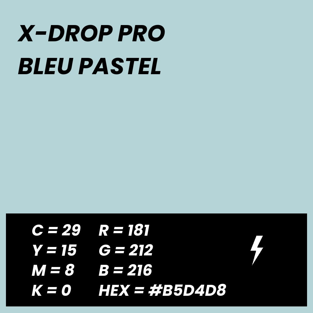 Fond Photo Anti-Froissage Westcott X-Drop Pro 2,4 x 2,4 m, coloris bleu pastel, fiche couleur avec valeurs CMJN, RVB et HEX 