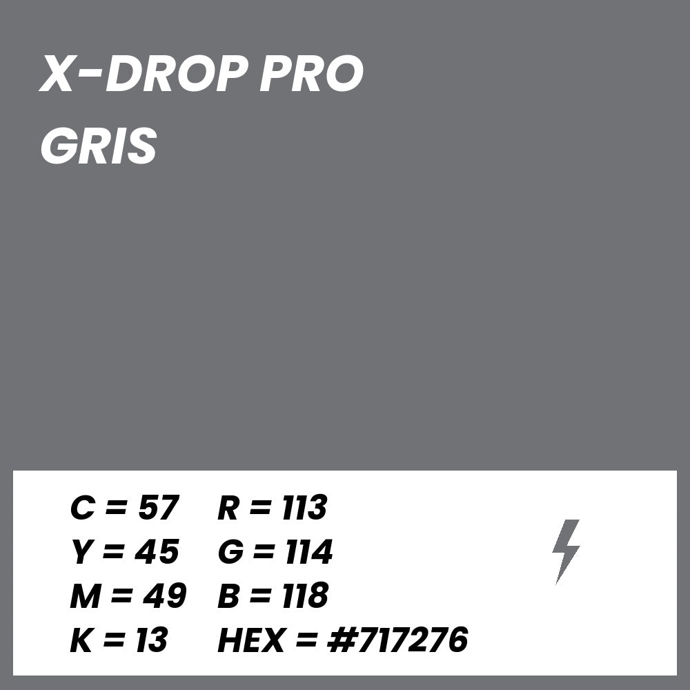 Fond Photo Anti-Froissage Westcott X-Drop Pro 2,4 x 2,4 m, coloris gris, fiche couleur avec valeurs CMJN, RVB et HEX 