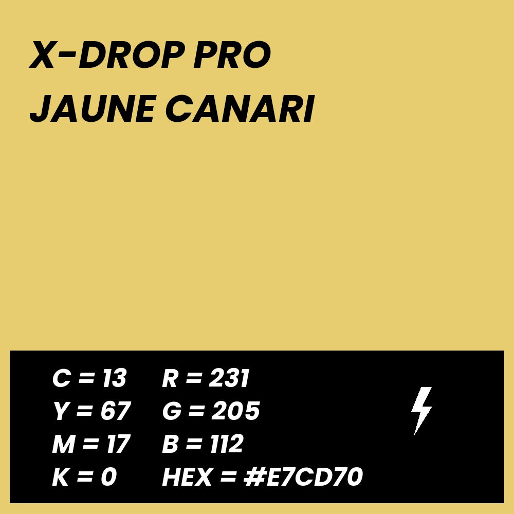 Fond Photo Anti-Froissage Westcott X-Drop Pro 2,4 x 2,4 m, coloris jaune canari, fiche couleur avec valeurs CMJN, RVB et HEX 
