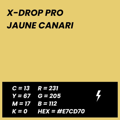 Fond Photo Anti-Froissage Westcott X-Drop Pro 2,4 x 2,4 m, coloris jaune canari, fiche couleur avec valeurs CMJN, RVB et HEX 