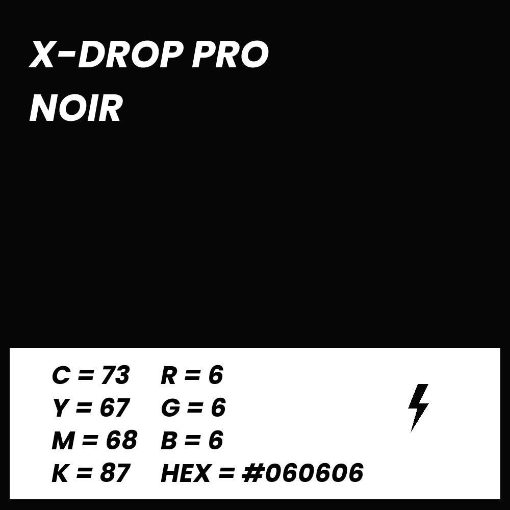 Fond Photo Anti-Froissage Westcott X-Drop Pro 2,4 x 2,4 m, coloris noir, fiche couleur avec valeurs CMJN, RVB et HEX 