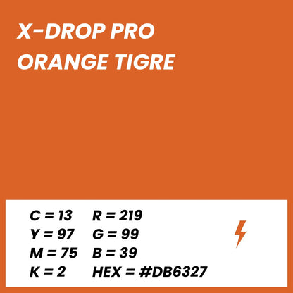 Fond Photo Anti-Froissage Westcott X-Drop Pro 2,4 x 2,4 m, coloris orange tigre, fiche couleur avec valeurs CMJN, RVB et HEX 