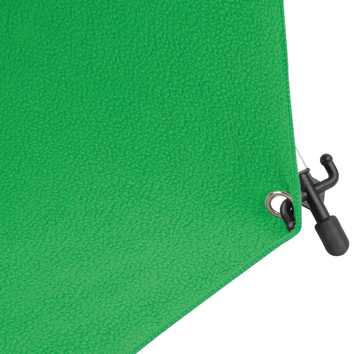 Fond Photo Anti-Froissage Westcott X-Drop Pro 2,4 x 2,4 m, coloris vert chroma key, vue de détail du tissu et de l'œillet de fixation 