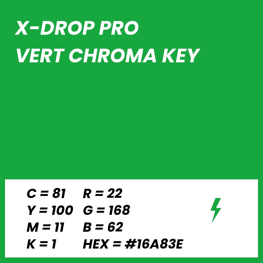 Fond Photo Anti-Froissage Westcott X-Drop Pro 2,4 x 2,4 m, coloris vert chroma key, fiche couleur avec valeurs CMJN, RVB et HEX 