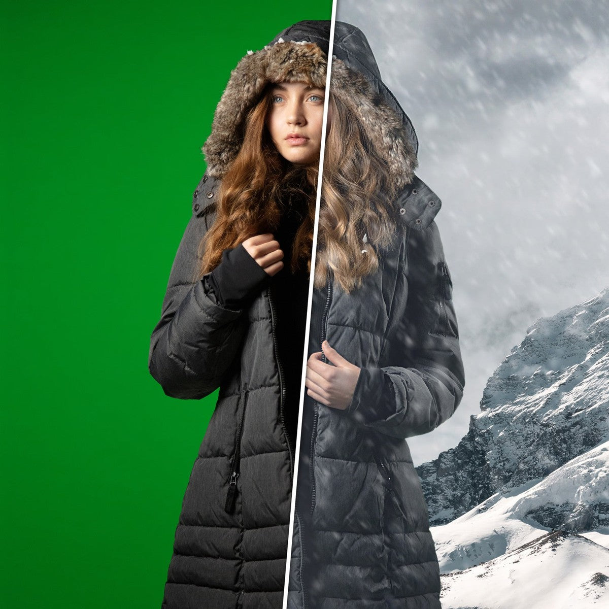 Fond Photo Anti-Froissage Westcott X-Drop Pro 2,4 x 2,4 m, coloris vert chroma key, portrait avant et après incrustation sur fond vert 