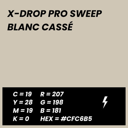 Fond Photo Anti-Froissage Westcott X-Drop Pro Sweep 2,4 x 4 m, coloris blanc cassé, fiche couleur avec valeurs CMJN, RVB et HEX 