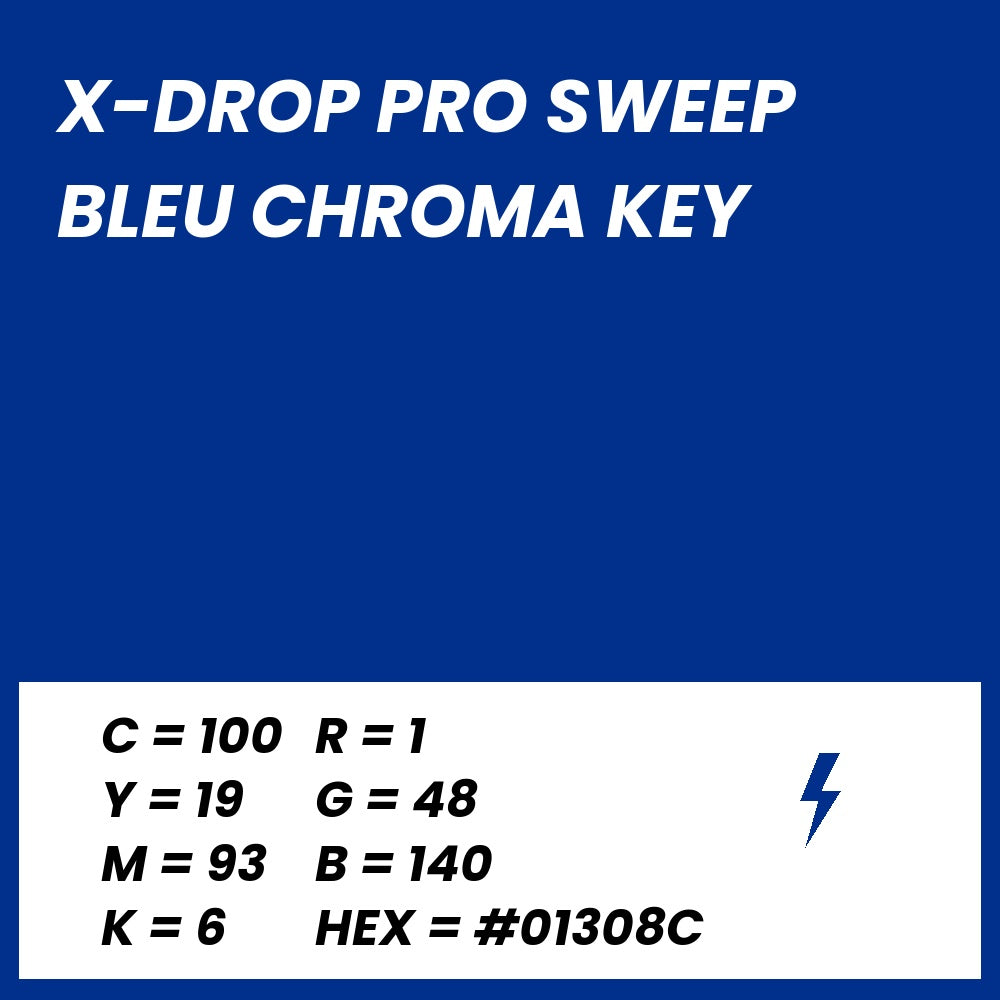 Fond Photo Anti-Froissage Westcott X-Drop Pro Sweep 2,4 x 4 m, coloris bleu chroma key, fiche couleur avec valeurs CMJN, RVB et HEX 