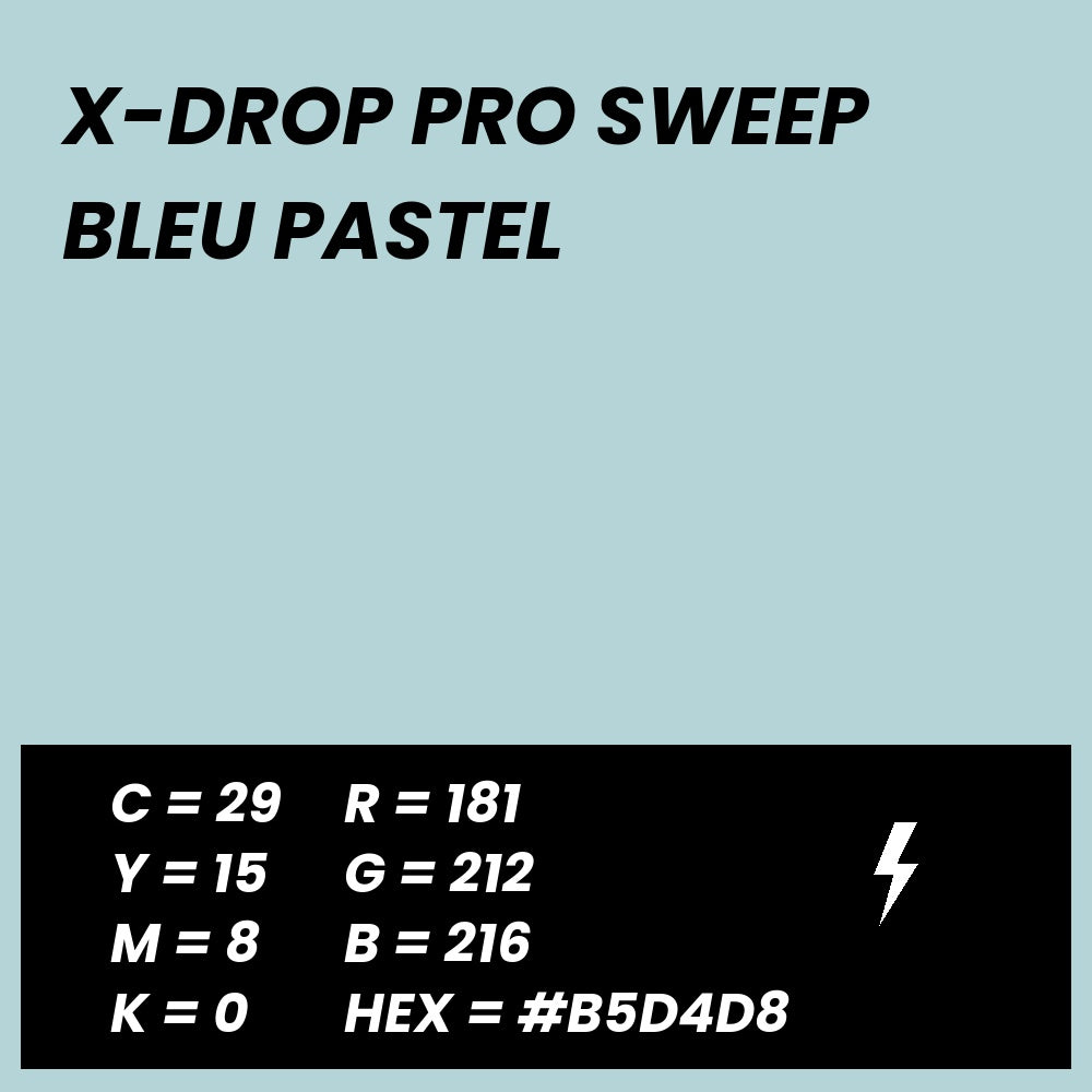 Fond Photo Anti-Froissage Westcott X-Drop Pro Sweep 2,4 x 4 m, coloris bleu pastel, fiche couleur avec valeurs CMJN, RVB et HEX 