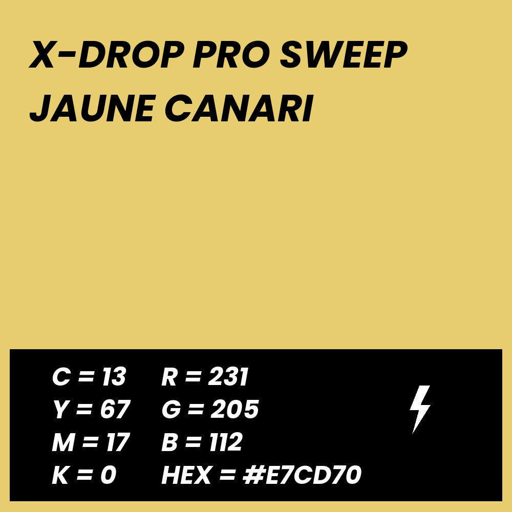 Fond Photo Anti-Froissage Westcott X-Drop Pro Sweep 2,4 x 4 m, coloris jaune canari, fiche couleur avec valeurs CMJN, RVB et HEX 