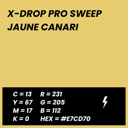 Fond Photo Anti-Froissage Westcott X-Drop Pro Sweep 2,4 x 4 m, coloris jaune canari, fiche couleur avec valeurs CMJN, RVB et HEX 