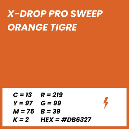 Fond Photo Anti-Froissage Westcott X-Drop Pro Sweep 2,4 x 4 m, coloris orange tigre, fiche couleur avec valeurs CMJN, RVB et HEX 