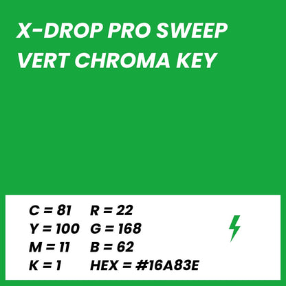 Fond Photo Anti-Froissage Westcott X-Drop Pro Sweep 2,4 x 4 m, coloris vert chroma key, fiche couleur avec valeurs CMJN, RVB et HEX 