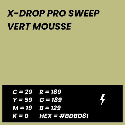 Fond Photo Anti-Froissage Westcott X-Drop Pro Sweep 2,4 x 4 m, coloris vert mousse, fiche couleur avec valeurs CMJN, RVB et HEX 