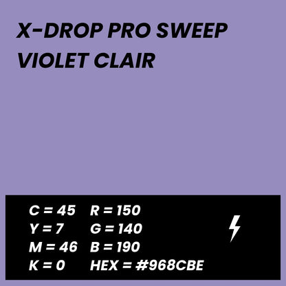 Fond Photo Anti-Froissage Westcott X-Drop Pro Sweep 2,4 x 4 m, coloris violet clair, fiche couleur avec valeurs CMJN, RVB et HEX 