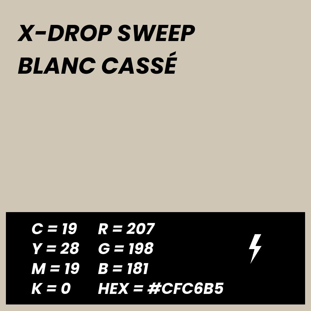 Fond Photo Anti-Froissage Westcott X-Drop Sweep 1,5 x 3,7 m, coloris blanc cassé, fiche couleur avec valeurs CMJN, RVB et HEX 