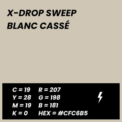 Fond Photo Anti-Froissage Westcott X-Drop Sweep 1,5 x 3,7 m, coloris blanc cassé, fiche couleur avec valeurs CMJN, RVB et HEX 