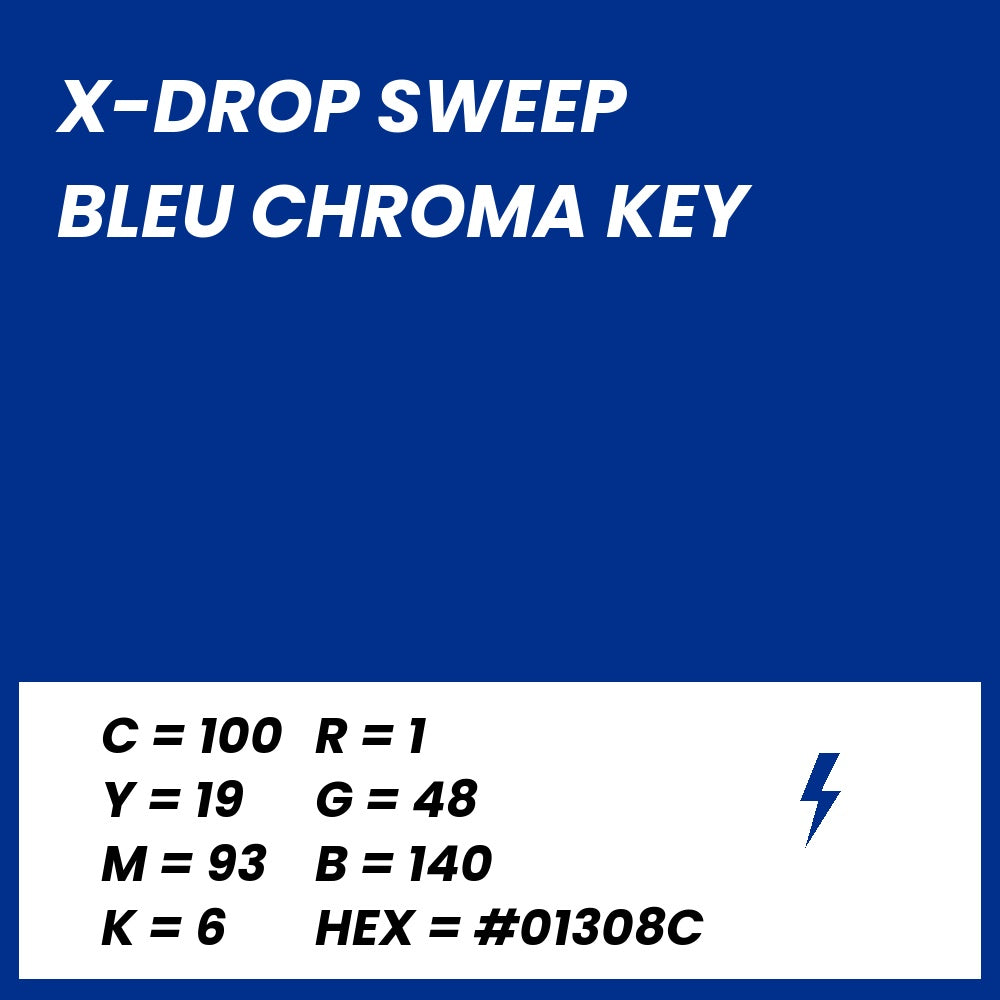Fond Photo Anti-Froissage Westcott X-Drop Sweep 1,5 x 3,7 m, coloris bleu chroma key, fiche couleur avec valeurs CMJN, RVB et HEX 