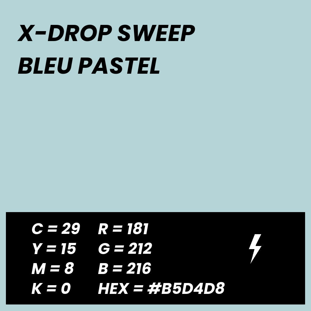 Fond Photo Anti-Froissage Westcott X-Drop Sweep 1,5 x 3,7 m, coloris bleu pastel, fiche couleur avec valeurs CMJN, RVB et HEX 