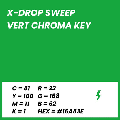 Fond Photo Anti-Froissage Westcott X-Drop Sweep 1,5 x 3,7 m, coloris vert chroma key, fiche couleur avec valeurs CMJN, RVB et HEX 