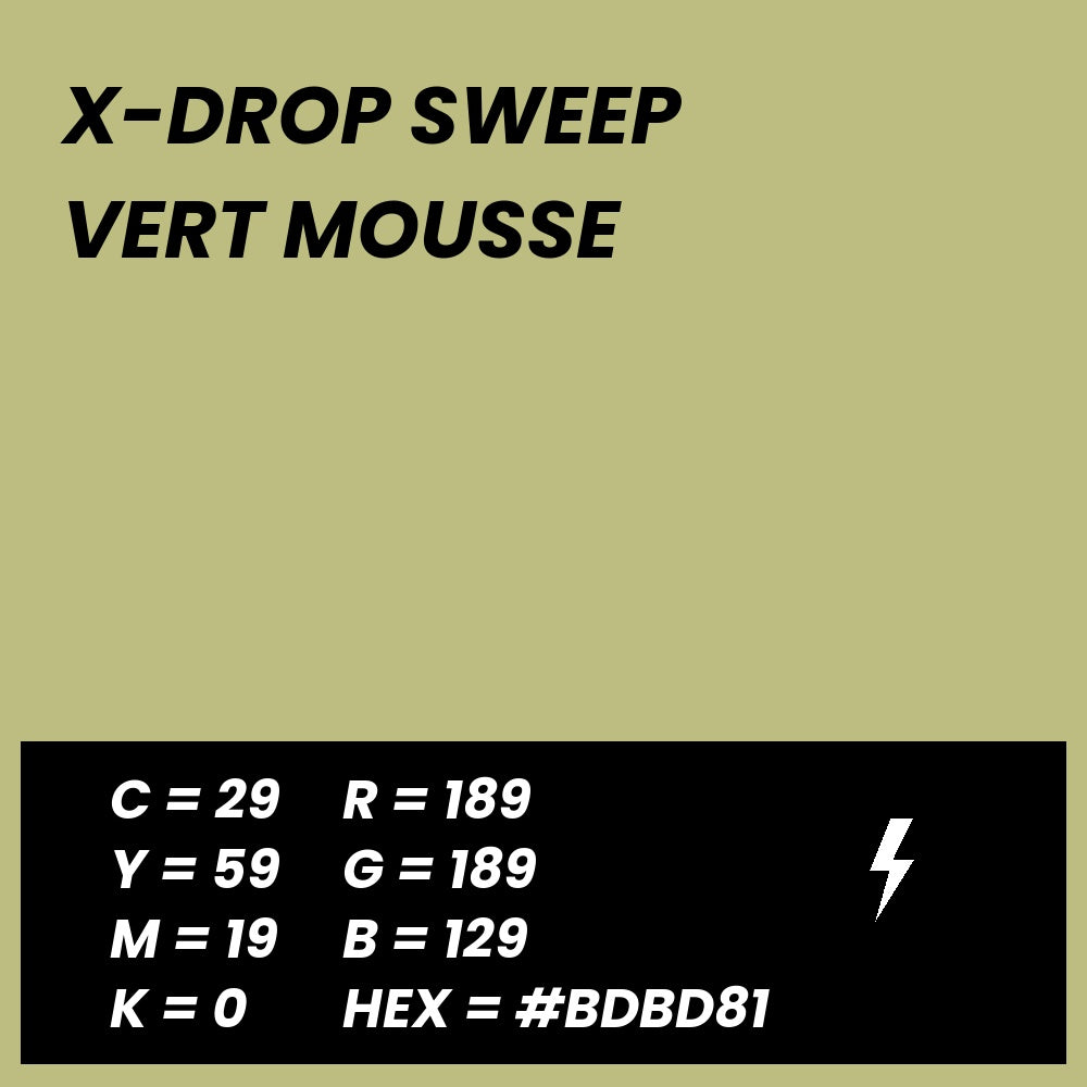 Fond Photo Anti-Froissage Westcott X-Drop Sweep 1,5 x 3,7 m, coloris vert mousse, fiche couleur avec valeurs CMJN, RVB et HEX 
