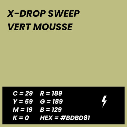 Fond Photo Anti-Froissage Westcott X-Drop Sweep 1,5 x 3,7 m, coloris vert mousse, fiche couleur avec valeurs CMJN, RVB et HEX 