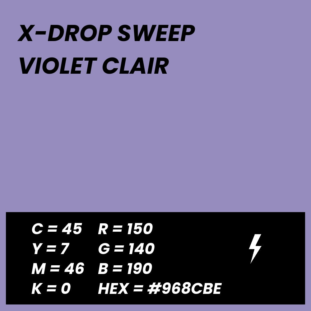 Fond Photo Anti-Froissage Westcott X-Drop Sweep 1,5 x 3,7 m, coloris violet clair, fiche couleur avec valeurs CMJN, RVB et HEX 