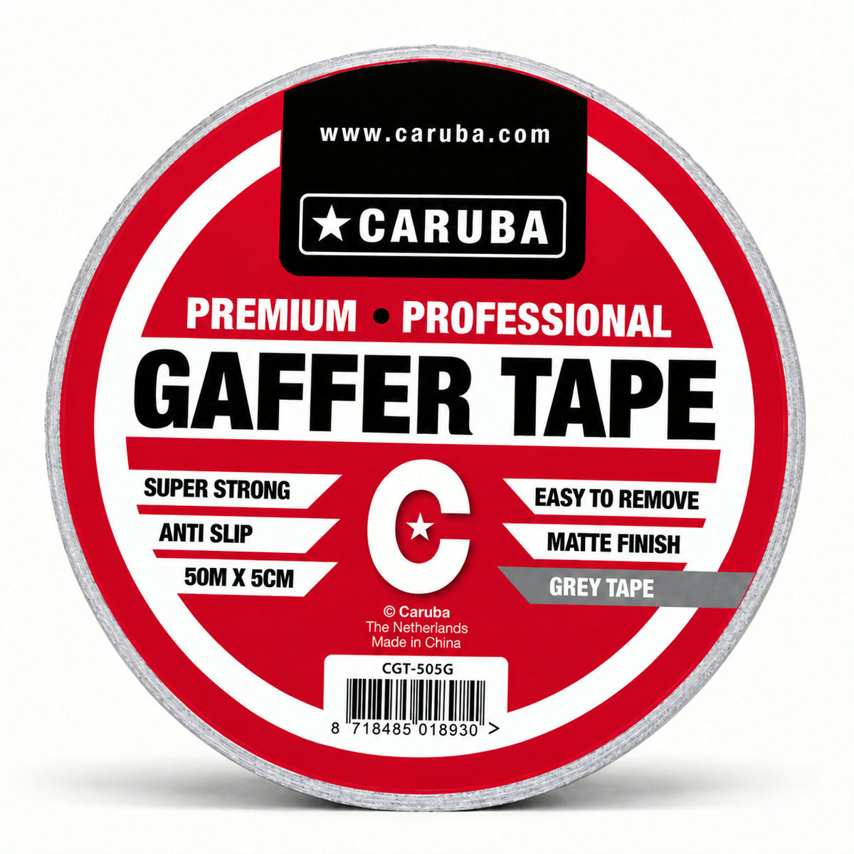 Gaffer tape mat Caruba gris 5 cm x 50 m, étiquette Grey Tape de face 